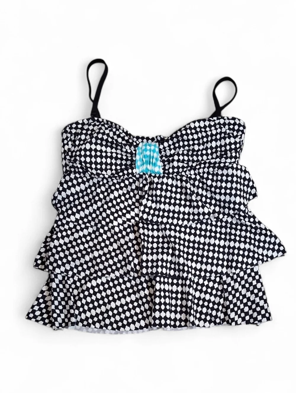 24th & Ocean Black, White, Turquoise Ruffle Tankini Swim Top Women's Size M